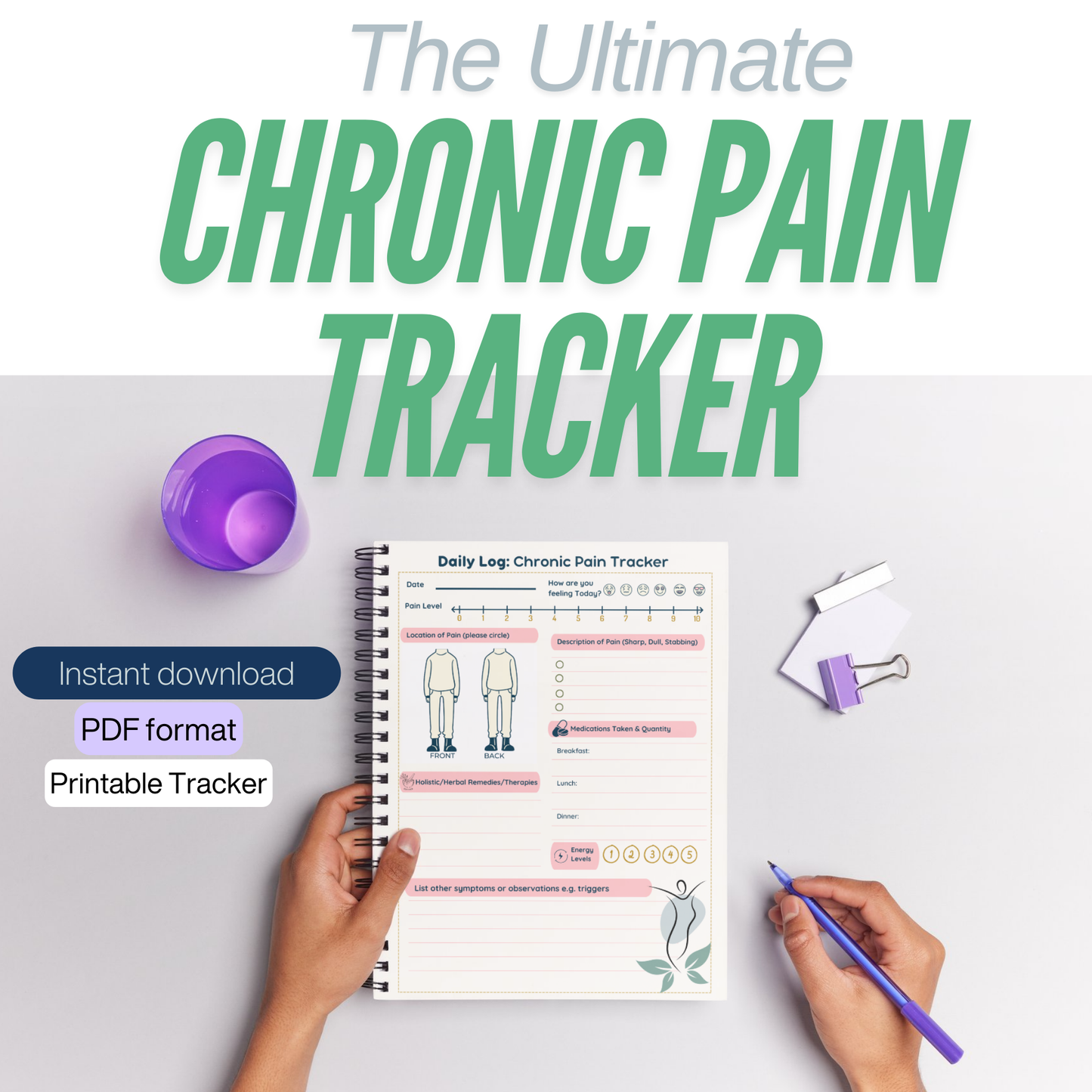 Printable Daily Health Log & Chronic Pain Tracker | Track Medical and Alternative Remedies | PDF Download